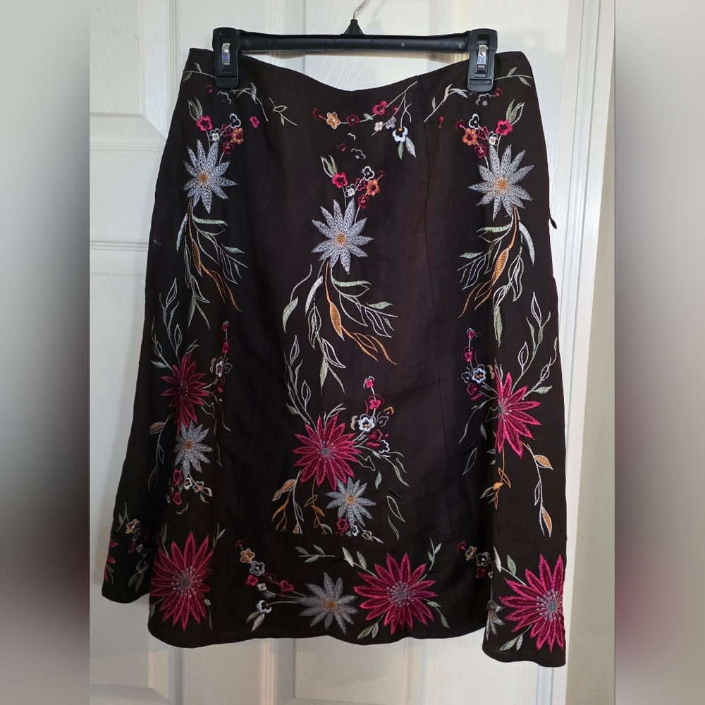 Linea Embroidered Floral Brown Linen A Line Skirt 14 - Picture 3 of 10